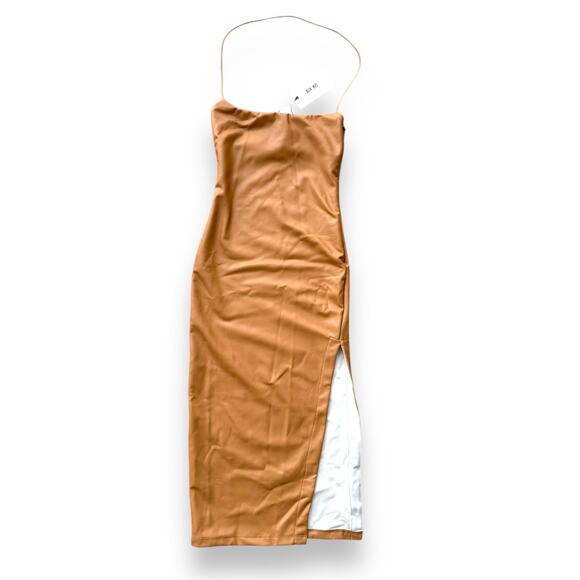 NWT Alix NYC Vegan Leather Midi Dress beige halter side slit bodycon sz XS - Picture 2 of 12